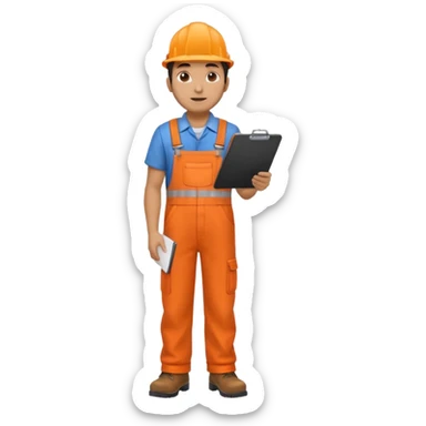 Indian male railway engineer orange overalls, boots holding a clipboard back view sticker