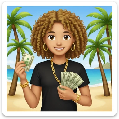 Happy mixed-race person with curly hair in black t-shirt and gold chain, holding money, palm tree beach background sticker