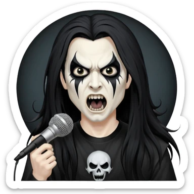 Black metal musician with corpse paint, long hair, screaming with mirophone sticker