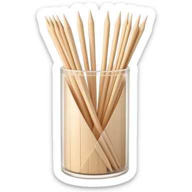 small bundle of pointed wooden toothpicks, loosely fanned or partially contained in a clear cylindrical dispenser, light beige sticks with tapered ends, smooth texture, slight variation in angle, no mouth, hand, or extras, soft lighting, subtle shadows, emoji scale sticker