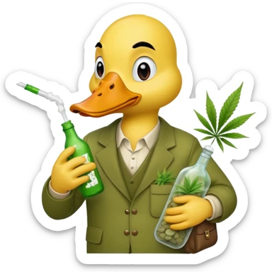 Drunk and high duck animal holding weed bottle and a bag of weed. Looking sloshed sticker