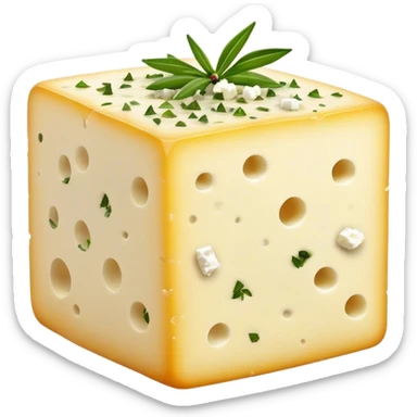 Cinematic Realistic Feta Cheese Dish Emoji, depicted as a block of crumbly, tangy cheese garnished with olive oil and herbs rendered with lifelike detail and soft natural lighting. sticker