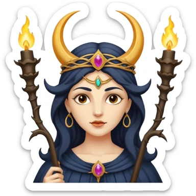 The goddess Hecate with 3 heads holding two torches the front head with a crescent moon on forehead sticker
