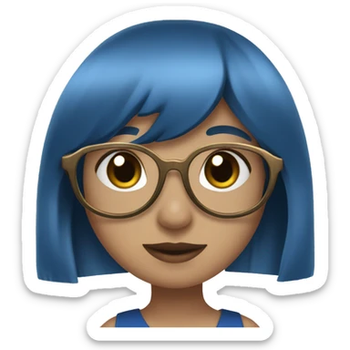 A girl with white glasses, a blue dress, a bronze dress, and a fringe, and blue and black hair sticker