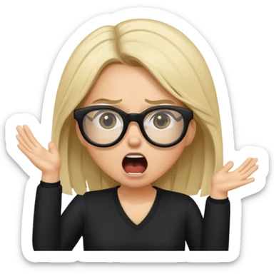 Young woman, wearing black clothes, brunette/blonde with loose hair, wearing white glasses, shouting bad words sticker