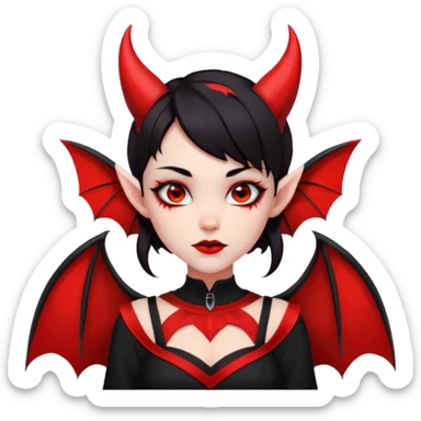 demon girl, skin red (no pale/blush), black hair, small horns, pointed ears, bat wing, black open-back dress, bold black outlines, red+black palette sticker
