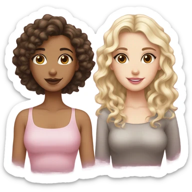 Two separate emojis, one a beige girl with wavy brunette hair and brown eyes, one a curly black brownish haired girl with pale skin and long lashes alongside big brown eyes and pink lips sticker