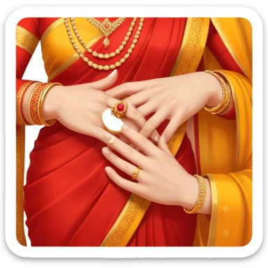 Two hands in a engagement..One hand of groom and one hand of bride. Bride hand - red/yellow saree. groom- light orange punjabi (oonly hands will be visible in the image). Groom's hand is holding a ring and bride's hand will be wearing the ring.*ONLY HANDS WILL BE VISIBLE IN THE IMAGE* sticker