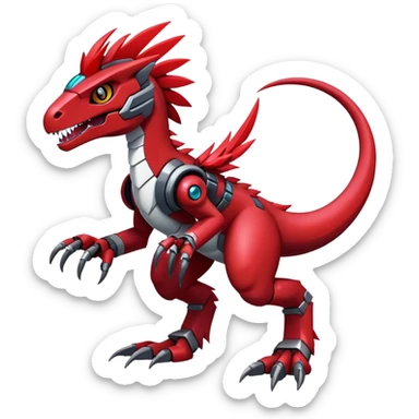 Dark-red Furry feather-mane Cool Edgy Futuristic shiny colorful Digimon-Fakemon-Guilmon-Velociraptor-Mecha full body   sticker