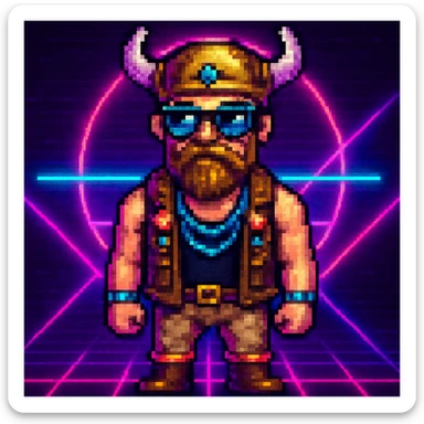 Add a neon background to the Techno Viking with sunglasses in pixel art style. Keep the pixel art style look and feel. sticker