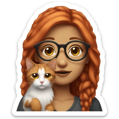 White Red head girl with glasses holding long-haired calico cat sticker