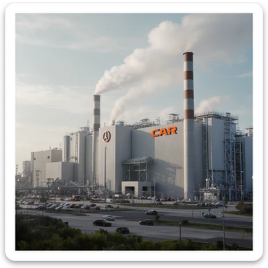 Realistic car factory exterior, large industrial building with smokestacks, parking lots filled with cars, factory grounds with machinery and equipment, realistic lighting and shadows, industrial atmosphere, workers in uniforms walking around, company logo on the building sticker