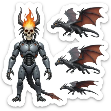 A sprite sheet of a cybernetic dragon with a burning skull head, show all 3 stages of him flying with no back ground, show the 3 stages of him flying in a row, with changing wing positions for each stage of flying, all 3 must be pointing right sticker