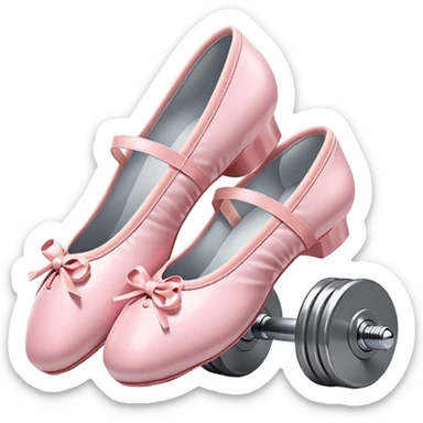 A high-quality 3D icon of pink ballet shoes next to a grey dumbbell. Soft studio lighting, cute and glossy texture. sticker
