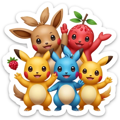 Three Pokémon characters showing kindness and teamwork. One Pokémon is handing a berry to another, while the third Pokémon is cheering and clapping happily. They look joyful and friendly, standing close together in a bright, colorful cartoon scene. The style is cute, playful, and emoji-like. sticker