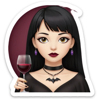 mulher cabelos pretos longos e lisos com uma franja curta acima dos olhos, olhos pretos com delineado, expressão séria, com um sorriso sensual e lábios cor de vinho, ela usa uma gargantilha preta com um pequeno pingente de morcego preto sticker