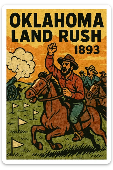 A poster advertising the 1893 Oklahoma Land Rush with an image of excited American settlers on horse back waiting at a start line on the grasslands of the American West.  There is an US Army canon booming in the background and white flags stuck in the ground marking out plots of land sticker
