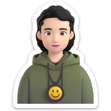 boy with military cut black hair, brown eyes, wearing 2 circle earrings and a black hoodie with a smiley face sticker