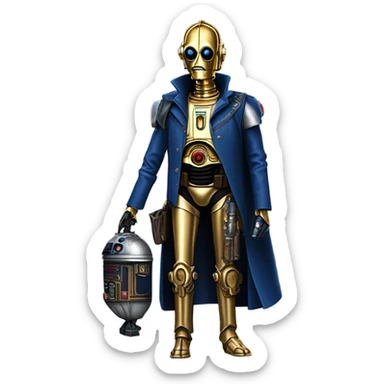 human-sized darkblue-pearl friendly bounty hunter c3po droid wearing leather wild west duster, backpack, saddlebags holding light saber ready to fight but relaxed. antique sticker