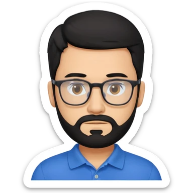 A tanned bearded man with black hair wearing glasses and a blue polo sticker