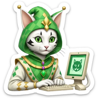 mac os icon code computer retro terminal, black, green white, fantasy court jester cat draw as ASCII GREEN code inside the terminal sticker