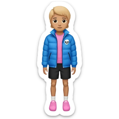 A skeleton with a white shirt blue puffer black shorts and pink slippers sticker