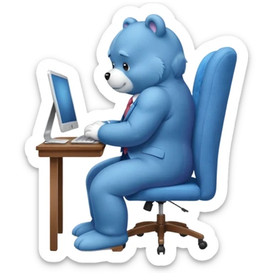 Care bear sad in suit back view, sit on a chair, working on a computer, with a big desk sticker