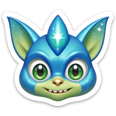 blue gremlin with sparkles, mischievous face sticker