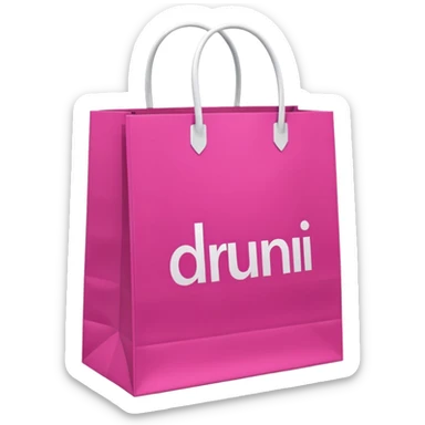 Fuchsia pink paper bag with white handles, repeating 'DRUNI' pattern in light pink and a large vertical 'DRUNI' in bold white letters in the center, iOS emoji style, shiny and realistic. sticker