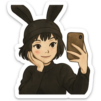 1 female, gothic pixie with a bunny ears beanie cute selfie  sticker