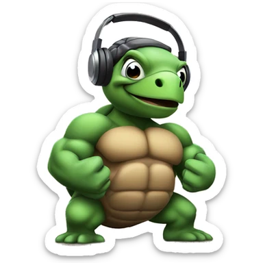 bodybuilder turtle with huge muscles flexing and listening to music sticker