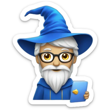 wizard Merlin with a laptop and blue hat sticker