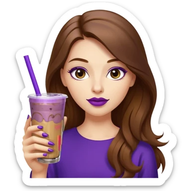 girl with long brown hair, wine lipstick, gold nail polish, drinking a blueberry butter pecan iced coffee with a purple straw  sticker