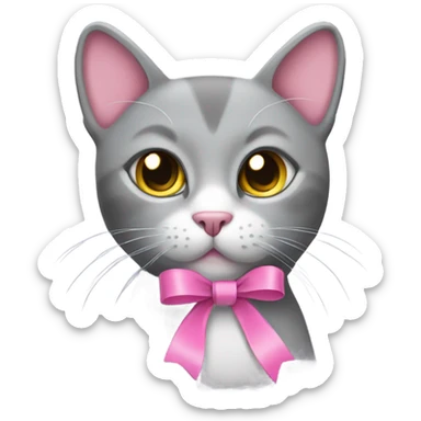 a grey cat with a pink ribbon on the right side of its head sticker