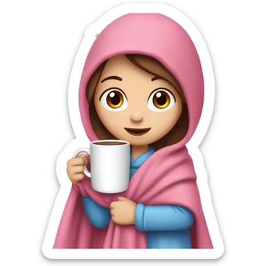 girl with brown hair and blue eyes covered in a pink blanket, drinking hot chocolate in a white mug ￼ sticker