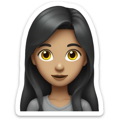 A girl with long dark hair. She has green eyes and a gray cat with yellow eyes on her hands sticker