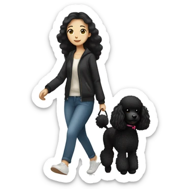One Korean girl with black long straight hair with one medium black poodle is walking. sticker
