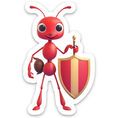 a brave ant, standing tall with a tiny shield sticker