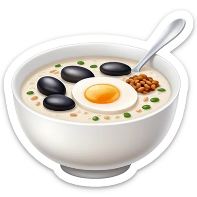 Guangzhou rice porridge congee with century egg and pork, simplified emoji style with bold outlines and bright colors, cartoon style Southern Chinese breakfast bowl sticker