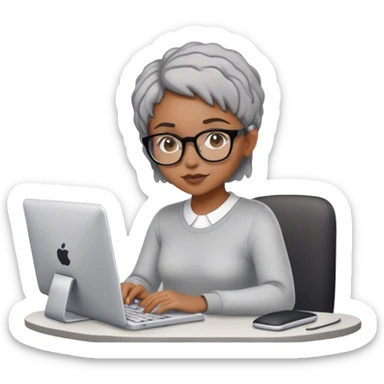 Light skinned Black girl with glasses short natural gray haircut working on computer sticker