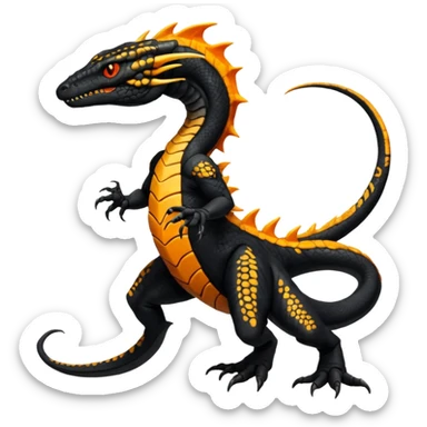 Magmatic fiery badass cool obsidian-Black and golden-orange Helioptile-Amaura-Salandit-Fakémon-hybrid-creature (full body)  sticker