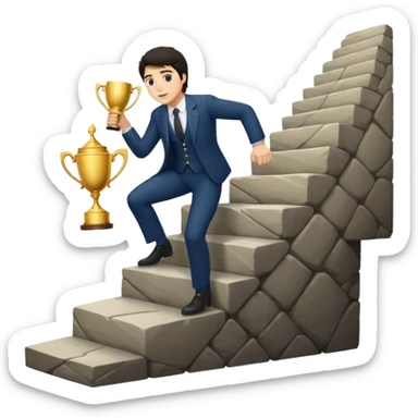 UN HOMBRE DE PIEL CLARA Y PELO OSCURO SUBIENDO ESCALERAS LARGAS PARA ALCANZAR UN TROFEO sticker