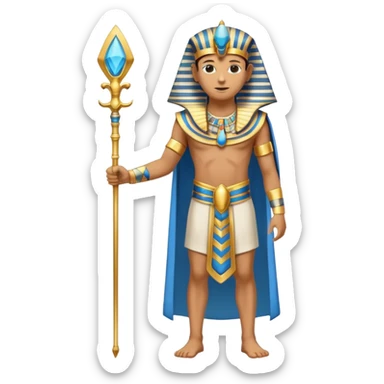 pharaoh full body standing with scepter, gold and blue nemes headdress, traditional Egyptian robe sticker