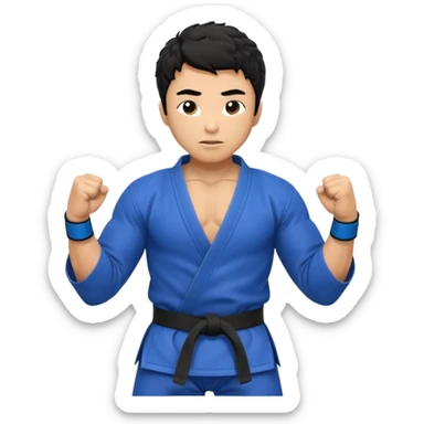 An Asian man with a bit curly hair doing Brazilian jujitsu. He has blue belt sticker