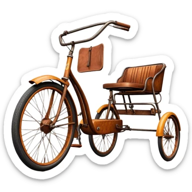 ​Cinematic Realistic Tricycle Rickshaw, depicted as a vintage manually operated vehicle featuring two front wheels and a single rear wheel, rendered with detailed rustic textures, vibrant colors, and dynamic urban lighting that captures its unique design and cultural charm, sticker