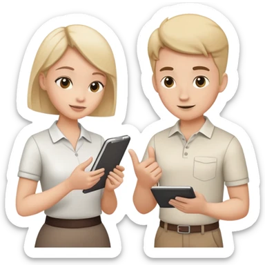 Two team members facing each other, one holding a notepad and the other gesturing, in a collaborative pose sticker