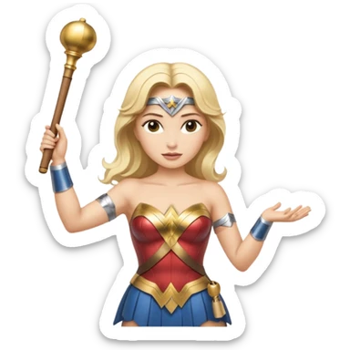 Blonde Wonder Woman holding short white orchestra conductor’s baton and bell sticker