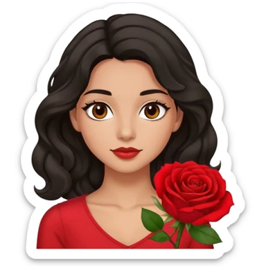 Olive Brown eyes black wavy middle part hair red rose backround red top  sticker
