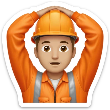 man standing, facing backwards, wearing orange hi visibility overalls, hands above head sticker