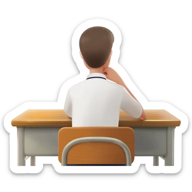 student sitting in classroom back view with one hand on chin sticker